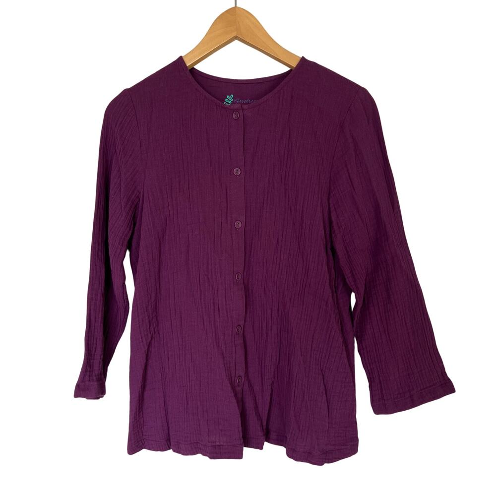 Gudrun Sjoden Women's Size S Purple Button Up Top Blouse Organic Cotton Textured